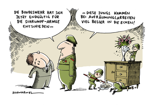 Cartoon: Bundeswehr erwägt Schrumpfarmee (medium) by Schwarwel tagged bundeswehr,armee,schrumpfarmee,politik,soldat,minister,politiker,karikatur,schwarwel