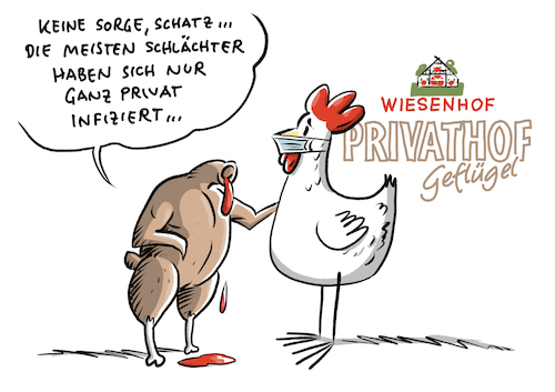 Cartoon: Corona Ausbruch Wiesenhof (medium) by Schwarwel tagged corona,coronavirus,covid19,maskeschutzmaske,maskenpflicht,abstandsregeln,virus,infektionen,superspreader,pandemie,pandemieherde,cartoon,karikatur,schwarwel,wiesenhof,fleischfabrik,billigfleisch,schlachtbetrieb,geflügelschlachthof,schlachthof,tönnies,tierqual,tierquälerei,fleischkonsum,kükenschreddern,ansteckung,gesundheitsamt,coronatests,quarantäne,corona,coronavirus,covid19,maskeschutzmaske,maskenpflicht,abstandsregeln,virus,infektionen,superspreader,pandemie,pandemieherde,cartoon,karikatur,schwarwel,wiesenhof,fleischfabrik,billigfleisch,schlachtbetrieb,geflügelschlachthof,schlachthof,tönnies,tierqual,tierquälerei,fleischkonsum,kükenschreddern,ansteckung,gesundheitsamt,coronatests,quarantäne