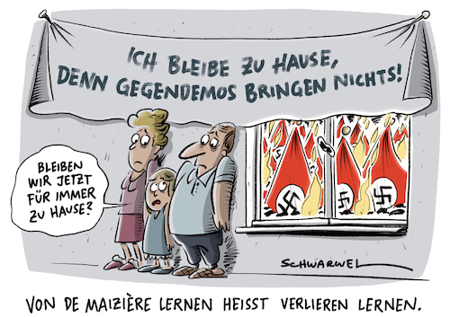 Cartoon: De Maiziere Linksextremismus (medium) by Schwarwel tagged de,maiziere,innenminister,linksextremismus,linksextrem,nazi,nazis,rechtsextrem,rechtsextremismus,populismus,gewaltbereit,antifa,autonom,autonome,gruppen,demo,demonstration,gegendemo,gegendemonstration,prävention,überwachung,überwachungsstaat,sicherheit,polizei,polizisten,polizeistaat,freiheit,demokratie,konservative,cdu,partei,wahlkampf,wahl,bundestagswahl,bundestagswahlkampf,gewalt,terror,angst,faschisten,faschismus,molotows,militant,militarismus,radikal,radikalismus,workshop,schule,schüler,schülerprojekt,neonazis,aufmärsche,rechtspopulismus,stasi,knast,hohenschönhausen,gefängnis,sieg,heil,hitler,nationalsozialismus,karikatur,schwarwel,de,maiziere,innenminister,linksextremismus,linksextrem,nazi,nazis,rechtsextrem,rechtsextremismus,populismus,gewaltbereit,antifa,autonom,autonome,gruppen,demo,demonstration,gegendemo,gegendemonstration,prävention,überwachung,überwachungsstaat,sicherheit,polizei,polizisten,polizeistaat,freiheit,demokratie,konservative,cdu,partei,wahlkampf,wahl,bundestagswahl,bundestagswahlkampf,gewalt,terror,angst,faschisten,faschismus,molotows,militant,militarismus,radikal,radikalismus,workshop,schule,schüler,schülerprojekt,neonazis,aufmärsche,rechtspopulismus,stasi,knast,hohenschönhausen,gefängnis,sieg,heil,hitler,nationalsozialismus,karikatur,schwarwel