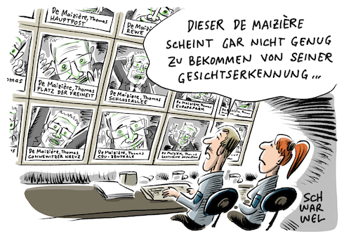 Cartoon: De Maiziere Überwachung (medium) by Schwarwel tagged de,maiziere,überwachung,überwachungsprojekt,daten,politik,politiker,deutschland,leipzig,connewitz,gesichtserkennung,gesichter,erkennung,datenschutz,datenschützer,automatische,bundesinnenminister,innenminister,pilotprojekt,berlin,datenschutzbeauftragte,app,iphone,smartphone,atenschutzorganisation,digitalcourage,transponder,öffentliche,sicherheit,fahndung,erfassung,software,recht,gesetz,terror,terrorgefahr,freiheit,demokratie,auf,informationelle,selbstbestimmung,computer,überwachungsstaat,angst,karikatur,schwarwel,de,maiziere,überwachung,überwachungsprojekt,daten,politik,politiker,deutschland,leipzig,connewitz,gesichtserkennung,gesichter,erkennung,datenschutz,datenschützer,automatische,bundesinnenminister,innenminister,pilotprojekt,berlin,datenschutzbeauftragte,app,iphone,smartphone,atenschutzorganisation,digitalcourage,transponder,öffentliche,sicherheit,fahndung,erfassung,software,recht,gesetz,terror,terrorgefahr,freiheit,demokratie,auf,informationelle,selbstbestimmung,computer,überwachungsstaat,angst,karikatur,schwarwel