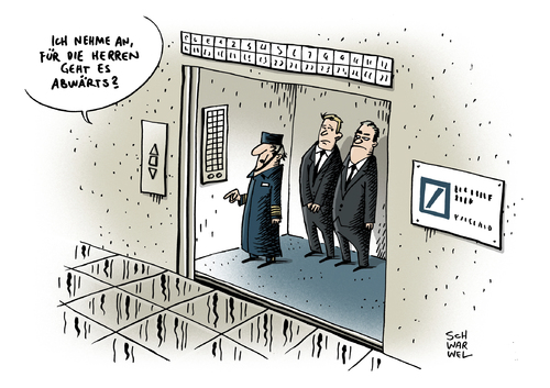 Cartoon: Deutsche Bank Milliardenverlust (medium) by Schwarwel tagged börse,jobs,geld,schwarwel,karikatur,fahrstuhl,geduld,milliardenverlust,aktionäre,bankier,chef,fitschen,jain,bankenchefs,bank,deutsche,unternehmen,konzern,wirtschaft,verkauf,deutsche,bank,bankenchefs,jain,fitschen,chef,bankier,aktionäre,milliardenverlust,geduld,fahrstuhl,karikatur,schwarwel,geld,jobs,börse,verkauf,wirtschaft,konzern,unternehmen