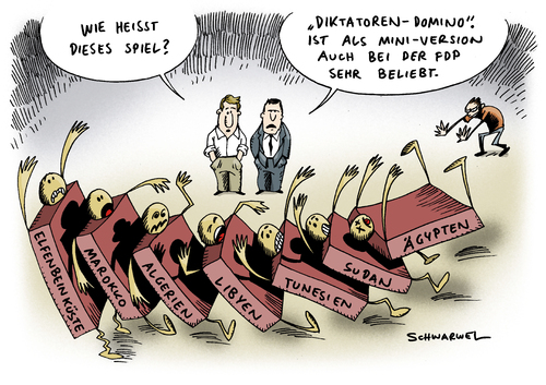 Cartoon: Diktatoren-Domino in Afrika FDP (medium) by Schwarwel tagged diktator,dikatatur,domino,fdp,westerwelle,afrika,elfenbeinküste,libyen,marokko,algerien,tunesien,sudan,ägypten,politik,land,staat,politiker,wirtschaft,krieg,geld,macht,partei,deutschland,kanzler,präsident,führung,chef,kampf,karikatur,schwarwel,diktatur,domino,fdp,westerwelle,afrika,elfenbeinküste,libyen,marokko,tunesien,sudan,ägypten,politik,land,staat,krieg,wirtschaft,deutschland,kanzler,präsident