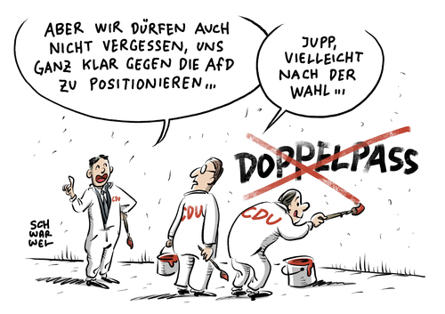 Cartoon: Doppelte Staatsbürgerschaft (medium) by Schwarwel tagged staatsbürgerschaft,staatsbürger,cdu,kompromiss,spd,partei,migration,karikatur,schwarwel,wahl,wahlkampfthema,parteien,afd,alternative,für,deutscgland,doppelte,ausländer,fremdenfeindlichkeit,migranten,staatsbürgerschaft,staatsbürger,cdu,kompromiss,spd,partei,migration,karikatur,schwarwel,wahl,wahlkampfthema,parteien,afd,alternative,für,deutscgland,doppelte,ausländer,fremdenfeindlichkeit,migranten