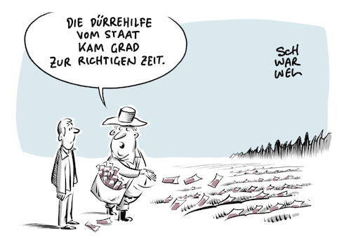 Cartoon: Dürre Hitze Hilfe Bauern (medium) by Schwarwel tagged dürre,hitze,hitzewelle,trockenheit,klima,klimawandel,umwelt,umweltschutz,umweltzerstörung,klimaabkommen,wetter,natur,tiere,mensch,menschen,umweltzrstörung,landwirtschaft,bauern,bauer,landwirte,pflanzen,konsum,lebensmittel,nahrung,anbau,wirtschaft,geld,finanzen,unterstützung,wirtschaftshilfe,dürreschäden,hilfszahlung,hilfszahlungen,agrarministerin,julia,klöckner,cdu,partei,politik,deutschland,politiker,politikerin,ernte,deutscher,bauernverband,ernteausfälle,kartoffeln,zuckerrüben,schweine,rinder,tierfutter,getreidebauern,cartoon,karikatur,schwarwel,dürre,hitze,hitzewelle,trockenheit,klima,klimawandel,umwelt,umweltschutz,umweltzerstörung,klimaabkommen,wetter,natur,tiere,mensch,menschen,umweltzrstörung,landwirtschaft,bauern,bauer,landwirte,pflanzen,konsum,lebensmittel,nahrung,anbau,wirtschaft,geld,finanzen,unterstützung,wirtschaftshilfe,dürreschäden,hilfszahlung,hilfszahlungen,agrarministerin,julia,klöckner,cdu,partei,politik,deutschland,politiker,politikerin,ernte,deutscher,bauernverband,ernteausfälle,kartoffeln,zuckerrüben,schweine,rinder,tierfutter,getreidebauern,cartoon,karikatur,schwarwel