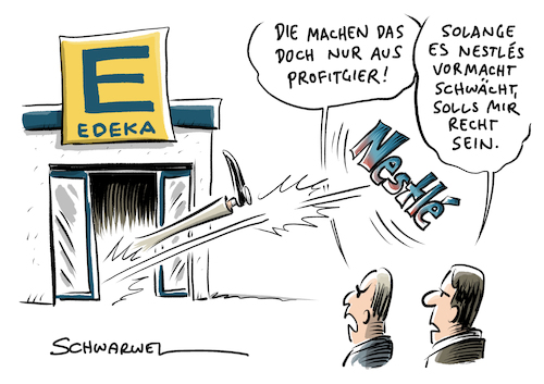 Cartoon: Edeka verbannt Nestle (medium) by Schwarwel tagged edeka,nestle,konsum,warenhaus,konsument,bestellstop,sortiment,produkte,discounter,discount,boykott,supermarkt,supermarktkette,nescafe,thomy,maggie,lebensmittel,lebensmittelhändler,handel,verkauf,waren,händler,bübchen,einkauf,händlerbündnisse,agecore,lebensmittelbranche,karikatur,schwarwel,edeka,nestle,konsum,warenhaus,konsument,bestellstop,sortiment,produkte,discounter,discount,boykott,supermarkt,supermarktkette,nescafe,thomy,maggie,lebensmittel,lebensmittelhändler,handel,verkauf,waren,händler,bübchen,einkauf,händlerbündnisse,agecore,lebensmittelbranche,karikatur,schwarwel