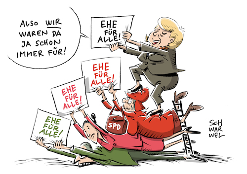 Cartoon: Ehe für alle SPD Merkel (medium) by Schwarwel tagged ehe,für,alle,angela,merkel,cdu,partei,spd,martin,schulz,wahl,wahlkampf,adoption,schwul,lesbisch,homophob,homophobie,gleichgeschlechtlich,gleichgeschlechtliche,heirat,gewissensfrage,unionsfraktion,bundestagsabstimmung,bundestag,abstimmung,fraktionszwang,gewissensentscheidung,gleichstellung,homo,partnerschaften,homoehe,koalition,karikatur,schwarwel,die,grüne,linke,politik,politiker,bundeskanzlerin,deutschland,ehe,für,alle,angela,merkel,cdu,partei,spd,martin,schulz,wahl,wahlkampf,adoption,schwul,lesbisch,homophob,homophobie,gleichgeschlechtlich,gleichgeschlechtliche,heirat,gewissensfrage,unionsfraktion,bundestagsabstimmung,bundestag,abstimmung,fraktionszwang,gewissensentscheidung,gleichstellung,homo,partnerschaften,homoehe,koalition,karikatur,schwarwel,die,grüne,linke,politik,politiker,bundeskanzlerin,deutschland