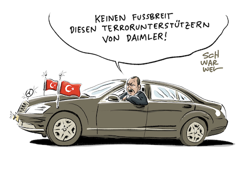 Cartoon: Erdogan Daimler Pranger (medium) by Schwarwel tagged erdogan,türkei,gülen,bewegung,diktatur,demokratie,unterstützer,terrorbewegung,terrorvereinigung,terror,krieg,gegner,macht,machthaber,präsident,regierungschef,staatschef,türkisch,mercedes,auto,automobil,automobilindustrie,kfz,wagen,daimler,deutschland,regierung,bundesregierung,politik,politiker,terrorliste,terrorbekämpfung,autokonzern,prediger,fethullah,putschversuch,terrorist,karikatur,schwarwel,erdogan,türkei,gülen,bewegung,diktatur,demokratie,unterstützer,terrorbewegung,terrorvereinigung,terror,krieg,gegner,macht,machthaber,präsident,regierungschef,staatschef,türkisch,mercedes,auto,automobil,automobilindustrie,kfz,wagen,daimler,deutschland,regierung,bundesregierung,politik,politiker,terrorliste,terrorbekämpfung,autokonzern,prediger,fethullah,putschversuch,terrorist,karikatur,schwarwel