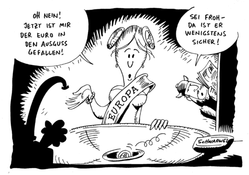 Cartoon: Euro fällt. Euro-Zone in Krise (medium) by Schwarwel tagged euro,zone,krise,politik,politiker,finanzen,geld,markt,karikatur,schwarwel,euro,zone,krise,politiker,finanzen,geld,markt