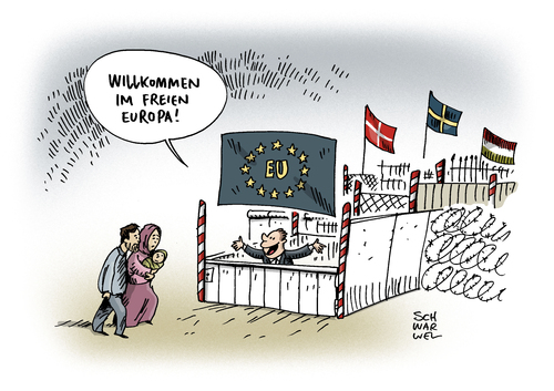 Cartoon: Europa Einreisekontrollen (medium) by Schwarwel tagged europa,einreisekontrollen,schweden,dänemark,europäische,union,angst,migration,flüchtlinge,geflüchtete,flüchtlingspolitik,grenzen,zu,grenze,stacheldraht,massenimmigration,terror,karikatur,schwarwel,syrien,ausländer,europa,einreisekontrollen,schweden,dänemark,europäische,union,angst,migration,flüchtlinge,geflüchtete,flüchtlingspolitik,grenzen,zu,grenze,stacheldraht,massenimmigration,terror,karikatur,schwarwel,syrien,ausländer