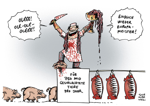 Cartoon: Fleisch Schlachtung Tiere (medium) by Schwarwel tagged fleischatlas,2014,deutsche,schlachten,schlachtung,tiere,lebensmittel,nahrung,tötung,mord,schweine,rinder,hühner,nutzvieh,vieh,grausam,blut,karikatur,schwarwel,fleischatlas,2014,deutsche,schlachten,schlachtung,tiere,lebensmittel,nahrung,tötung,mord,schweine,rinder,hühner,nutzvieh,vieh,grausam,blut,karikatur,schwarwel