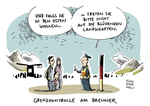 Cartoon: Flüchtlinge Grenzkrontrollen (medium) by Schwarwel tagged flüchtlinge,richtung,deutschland,brenner,grenze,asyl,asylsuchende,flüchtlingspolitik,ungarn,ausreisekarikatur,schwarwel,blühende,landschaften,grenzkrontrollen,flüchtlinge,richtung,deutschland,brenner,grenze,asyl,asylsuchende,flüchtlingspolitik,ungarn,ausreisekarikatur,schwarwel,blühende,landschaften,grenzkrontrollen