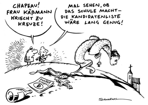Cartoon: Frau Käßmann kriecht (medium) by Schwarwel tagged margot,käßmann,pastorin,skandal,alkohol,am,steuer,kirche,ampel,polizei,bischöfin,promille