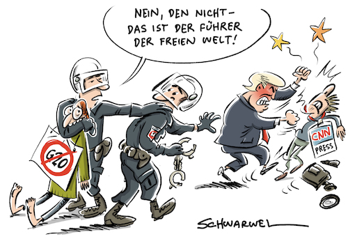 Cartoon: G20 Demos Trump Prügel (medium) by Schwarwel tagged g20,demo,staatschefs,camp,kritiker,nog20,frieden,krieg,friedenspolitik,linksextrem,linksextremisten,autonome,linke,antifa,regierungschefs,bka,sicherheitszone,demonstration,gipfel,politik,greenpeace,politiker,dutschland,hamburg,polizei,polizeigewalt,schanzenviertel,ausschreitungen,gewalt,gegner,globalisierung,kapitalismus,donald,trump,präsident,president,us,usa,amerika,presse,prügel,prügelvideo,freiheit,meinungsfreiheit,pressefreiheit,karikatur,schwarwel,g20,demo,staatschefs,camp,kritiker,nog20,frieden,krieg,friedenspolitik,linksextrem,linksextremisten,autonome,linke,antifa,regierungschefs,bka,sicherheitszone,demonstration,gipfel,politik,greenpeace,politiker,dutschland,hamburg,polizei,polizeigewalt,schanzenviertel,ausschreitungen,gewalt,gegner,globalisierung,kapitalismus,donald,trump,präsident,president,us,usa,amerika,presse,prügel,prügelvideo,freiheit,meinungsfreiheit,pressefreiheit,karikatur,schwarwel