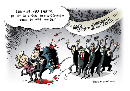 Cartoon: G20 Merkel Barroso (medium) by Schwarwel tagged g20,gipfel,merkel,barroso,krisenmanagement,euro,kritik,politik,eu,karikatur,schwarwel,g20,gipfel,merkel,krisenmanagement,euro