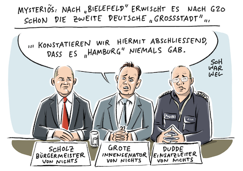 Cartoon: G20 Sondersitzung Hamburg (medium) by Schwarwel tagged g20,gipfel,klimagipfel,hamburg,deutschland,kapitalismus,kapitalismuskritik,globalisierung,klimawandel,krawalle,krawalltouristen,brennende,autos,autonom,schanzenviertel,ausschreitungen,linksextrem,schwarzer,block,der,schwarze,barrikaden,polizei,polizeigewalt,protest,demo,demonstration,klimagegner,gegendemonstration,regierungschefs,staatschefs,spd,bürgermeister,oberbürgermeister,sondersitzung,bielefeld,fake,news,polizeichef,polizeipräsident,ralf,martin,meyer,innensenator,andy,grote,räumpanzer,wasserwerfer,einsatzkräfte,karikatur,schwarwel,g20,gipfel,klimagipfel,hamburg,deutschland,kapitalismus,kapitalismuskritik,globalisierung,klimawandel,krawalle,krawalltouristen,brennende,autos,autonom,schanzenviertel,ausschreitungen,linksextrem,schwarzer,block,der,schwarze,barrikaden,polizei,polizeigewalt,protest,demo,demonstration,klimagegner,gegendemonstration,regierungschefs,staatschefs,spd,bürgermeister,oberbürgermeister,sondersitzung,bielefeld,fake,news,polizeichef,polizeipräsident,ralf,martin,meyer,innensenator,andy,grote,räumpanzer,wasserwerfer,einsatzkräfte,karikatur,schwarwel