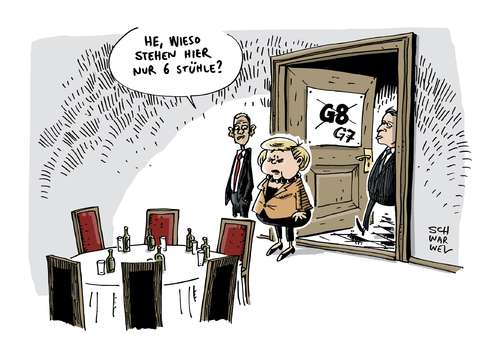 Cartoon: G7 Russland Sanktion G8 (medium) by Schwarwel tagged g7,russland,sanktion,g8,gipfel,us,usa,obama,merkel,putin,suspension,krim,krise,annektiert,annektion,karikatur,schwarwel,g7,russland,sanktion,g8,gipfel,us,usa,obama,merkel,putin,suspension,krim,krise,annektiert,annektion,karikatur,schwarwel