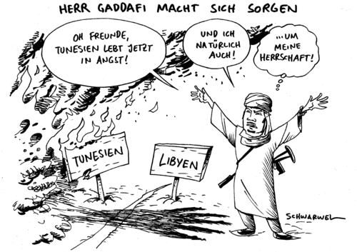 Cartoon: Gaddafi Sorgen um Tunesien (medium) by Schwarwel tagged gaddafi,sorge,tunesien,politik,unruhen,afrika,aufstand,lybien,libyen,revolution,staat,regierung,karikatur,schwarwel,gaddafi,sorge,tunesien,unruhen,afrika,aufstand,lybien,libyen,revolution,regierung