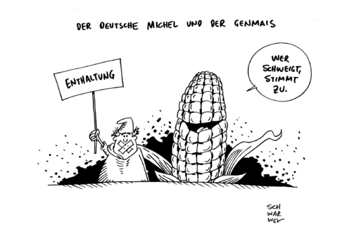 Cartoon: Genmais Zulassung Enthaltung (medium) by Schwarwel tagged genmais,gen,lebensmittel,nahrung,zulassung,deutschland,schweigen,enthaltung,essen,genmanipuliert,karikatur,schwarwel,eu,europäische,union,agrar,agrarminister,genfood,us,usa,gesundheit,natur,tiere,gentechnisch,gentechnik,pflanzen,maissorte,1507,firma,pioneer,dupont,resistenz,unkrautvernichtungsmittel,glufosinat,insektengift,schädling,maiszünsler,maisernte,welternährungsorganisation,spd,cdu,grüne,genmais,gen,lebensmittel,nahrung,zulassung,deutschland,schweigen,enthaltung,essen,genmanipuliert,karikatur,schwarwel,eu,europäische,union,agrar,agrarminister,genfood,us,usa,gesundheit,natur,tiere,gentechnisch,gentechnik,pflanzen,maissorte,1507,firma,pioneer,dupont,resistenz,unkrautvernichtungsmittel,glufosinat,insektengift,schädling,maiszünsler,maisernte,welternährungsorganisation,spd,cdu,grüne