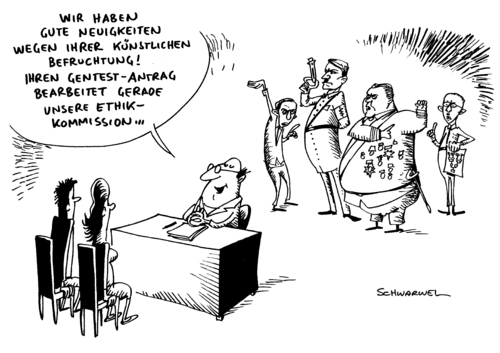 Cartoon: Gentests an Embryonen erlaubt (medium) by Schwarwel tagged gentest,embryo,bundesrat,eltern,arzt,klinik,baby,kind,künstliche,befruchtung,ethik,kommission,karikatur,schwarwel,gentest,embryo,bundesrat,eltern,arzt,klinik,baby,kind,künstliche,befruchtung,ethik,kommission,karikatur,schwarwel