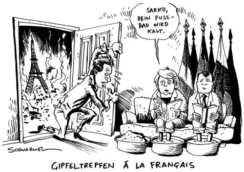 Cartoon: Gipfeltreffen a la francais (medium) by Schwarwel tagged gipfeltreffen,gipfel,russland,deutschland,frankreich,moskau,eu,europäische,union,rente,protest,rentenreform,sarkozy,flucht,innenpolitisch,politik,politiker,problem,frau,gesellschaft,karikatur,schwarwel,gipfeltreffen,gipfel,russland,deutschland,frankreich,moskau,eu,europäische union,rente,protest,rentenreform,sarkozy,flucht,europäische,union