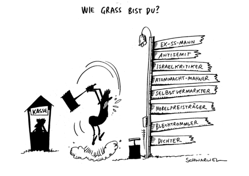 Cartoon: Grass Gedicht Israel (medium) by Schwarwel tagged gunther,grass,dichter,literatur,gedicht,israel,persona,non,grata,frieden,antisemitismus,kritik,atom,atommacht,blechtrommel,geld,wirtschaft,finanzen,politik,vermarktung,antisemit,rechtsradikal,radikal,fremdenfeindlich,juden,karikatur,schwarwel,israel gedicht,günter grass,schriftsteller,literat,literaturnobelpreisträger,literatur,gedicht,israelkritisch,iran,israel,günter,grass