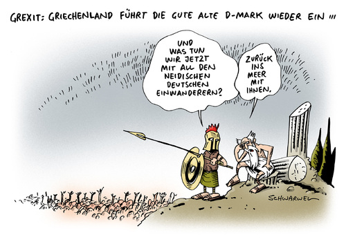 Cartoon: Grexit Euro Griechenland (medium) by Schwarwel tagged grexit,euro,ausstieg,griechenland,merkel,karikatur,schwarwel,mark,einwanderer,grexit,euro,ausstieg,griechenland,merkel,karikatur,schwarwel,mark,einwanderer