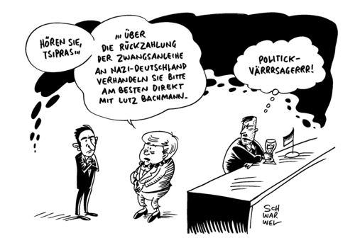 Cartoon: Griechenland Nazi Deutschland (medium) by Schwarwel tagged griechenland,nazi,deutschland,regierng,einigung,zwangsanleihen,tsipras,lutz,bachmann,rechts,karikatur,schwarwel,griechenland,nazi,deutschland,regierng,einigung,zwangsanleihen,tsipras,lutz,bachmann,rechts,karikatur,schwarwel