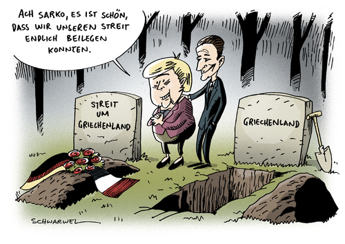 Cartoon: Griechenland Streit (medium) by Schwarwel tagged frankreich,deutschland,streit,beilegen,ende,merkel,angela,angie,sarko,grab,hilfe,euro,sarkozy,eu,geld,wirtschaft,politik,finanzen,volk,sparen,sparkurs,staat,pleite,krise,karikatur,schwarwel,frankreich,deutschland,streit,beilegen,ende,merkel,angie,sarkozy,euro,eu,geld,wirtschaft