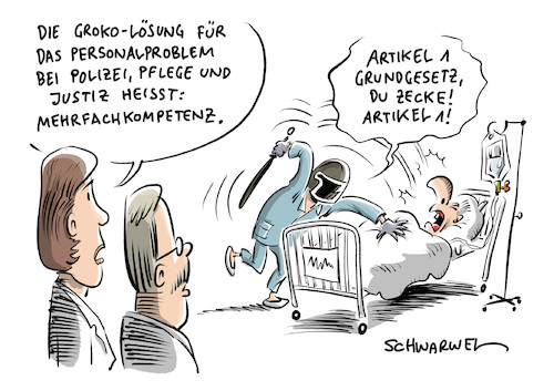 Cartoon: GroKo Polizei Pflege Justiz (medium) by Schwarwel tagged groko,große,koalition,wahl,2017,bundestagswahl,regierungsbildung,koalitionsvertrag,spd,cdu,csu,union,merkel,nahles,schulz,seehofer,polizei,polizeistaat,pflege,justiz,personal,krankenhaus,karikatur,schwarwel,groko,große,koalition,wahl,2017,bundestagswahl,regierungsbildung,koalitionsvertrag,spd,cdu,csu,union,merkel,nahles,schulz,seehofer,polizei,polizeistaat,pflege,justiz,personal,krankenhaus,karikatur,schwarwel