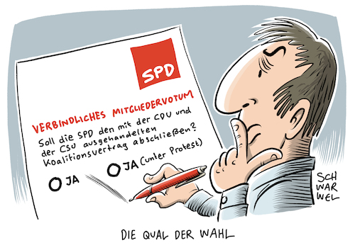 Cartoon: GroKo SPD Mitgliedervotum (medium) by Schwarwel tagged groko,große,koalition,bundestagswahl,2017,wahl,spd,martin,schulz,nahles,mitgliedervotum,cdu,csu,union,merkel,seehofer,sigmar,gabriel,parteispitze,demokratie,sozial,partei,deutschland,politik,politiker,koalitionsvertrag,koalitionsverhandlungen,sondierung,sondierungsgespräche,karikatur,schwarwel,cartoon,groko,große,koalition,bundestagswahl,2017,wahl,spd,martin,schulz,nahles,mitgliedervotum,cdu,csu,union,merkel,seehofer,sigmar,gabriel,parteispitze,demokratie,sozial,partei,deutschland,politik,politiker,koalitionsvertrag,koalitionsverhandlungen,sondierung,sondierungsgespräche,karikatur,schwarwel,cartoon