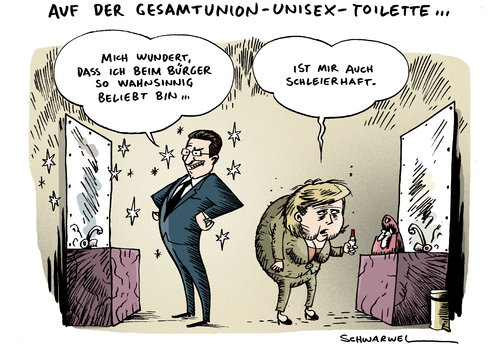 Cartoon: Guttenberg in Umfragen beliebt (medium) by Schwarwel tagged guttenberg,umfrage,angela,merkel,beliebt,regierung,deutschland,union,partei,politik,politiker,mann,frau,karikatur,schwarwel,toilette,toilette,deutschland,union,regierung,beliebt,umfrage,guttenberg,angela merkel,angela,merkel