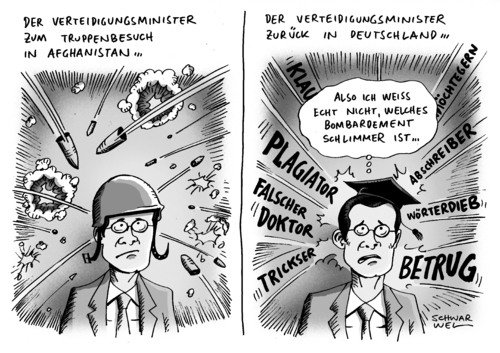 Cartoon: Guttenberg unter Beschuss (medium) by Schwarwel tagged guttenberg,verteidigung,verteidigungsminister,minister,armee,soldat,deutschland,afghanistan,truppe,krieg,bundeswehr,plagiat,doktorarbeit,betrug,gericht,doktor,titel,arbeit,uni,universiät,karikatur,schwarwel,guttenberg,minister,deutschland,politik,verteidigungsminister,doktorarbeit,aalglatt,doktor,doktortitel,universität,urheber,betrug,plagiat