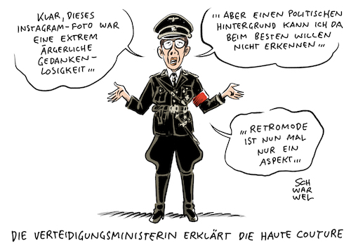 Cartoon: Hakenkreuz Posting Bundeswehr (medium) by Schwarwel tagged bundeswehr,soldat,soldaten,armee,heer,krieg,verteidigung,verteidigungsministerium,verteidigungsministerin,akk,kramp,karrenbauer,hakenkreuz,post,posting,instagram,social,medie,soziale,netzwerke,heil,hitler,sieg,rechtspopulismus,rechtspopulisten,rechtsextrem,rechtsextremismus,nazi,nazis,neonazis,uniform,wehrmacht,wehrmachtsuniform,militär,militant,hautecouture,mode,klamotten,retro,rassismus,holocaust,vernichtung,kz,konzentrationslageer,mord,massenmord,eisernes,kreuz,kaserne,wehrmachtssymbole,cartoon,karikatur,schwarwel,bundeswehr,soldat,soldaten,armee,heer,krieg,verteidigung,verteidigungsministerium,verteidigungsministerin,akk,kramp,karrenbauer,hakenkreuz,post,posting,instagram,social,medie,soziale,netzwerke,heil,hitler,sieg,rechtspopulismus,rechtspopulisten,rechtsextrem,rechtsextremismus,nazi,nazis,neonazis,uniform,wehrmacht,wehrmachtsuniform,militär,militant,hautecouture,mode,klamotten,retro,rassismus,holocaust,vernichtung,kz,konzentrationslageer,mord,massenmord,eisernes,kreuz,kaserne,wehrmachtssymbole,cartoon,karikatur,schwarwel