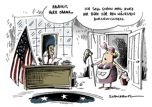 Cartoon: Halbe Amtszeit für Obama um (medium) by Schwarwel tagged obama,amt,amtszeit,präsident,us,usa,karikatur,schwarwel,halbzeitwahl,stimmungstest,test,stimmung,staat,bundesstaat,amerika,politik,regierung,putzfrau,putz,repräsentantenhaus,barack obama,usa,präsident,stimmungstest,stimmung,bundesstaat,wahl,wahlen,kongress,demokraten,barack,obama