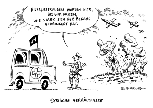 Cartoon: Hilfslieferungen verzögern sich (medium) by Schwarwel tagged uno,konvois,in,syrien,hilfe,hilfslieferung,verzögern,sich,verzögert,eingekesselte,städte,einkesselung,krieg,syrer,terror,gewalt,ärzte,flüchtlingshilfe,flüchtlinge,humanitäre,belagerung,vereinte,nationen,eingekesselt,bomben,karikatur,schwarwel,krank,tot,tod,hunger,drama,dramtisch,situation,menschen,humanität,aleppo,angst,putin,russland,bombenangriff,waffen,uno,konvois,in,syrien,hilfe,hilfslieferung,verzögern,sich,verzögert,eingekesselte,städte,einkesselung,krieg,syrer,terror,gewalt,ärzte,flüchtlingshilfe,flüchtlinge,humanitäre,belagerung,vereinte,nationen,eingekesselt,bomben,karikatur,schwarwel,krank,tot,tod,hunger,drama,dramtisch,situation,menschen,humanität,aleppo,angst,putin,russland,bombenangriff,waffen