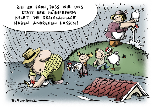 Cartoon: Hühnerfarm statt Obstplantage (medium) by Schwarwel tagged umwelt,zerstörung,familie,bauer,hühner,farm,mann,frau,kind,haus,obst,plantage,natur,regen,damage,karikatur,schwarwel,umwelt,zerstörung,familie,hühner,farm,frau,kind,obst,plantage,agrarwirtschaft,bauernhof,land,landwirtschaft