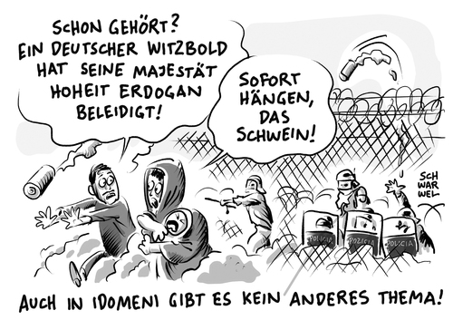 Cartoon: Idomeni und Piräus (medium) by Schwarwel tagged idomeni,piräus,flüchtlinge,geflüchtete,lager,tränengas,grenze,grenzübertritte,erdogan,türkei,jan,böhmermann,schmähgedicht,meinungsfreiheit,polizei,waffen,gewalt,terror,krieg,syrien,karikatur,schwarwel,camp,griechenland,flüchtlingspolitik,asyl,asylsuchende,mazedonien,zaun,tränengasgranaten,schwere,ausschreitungen,flüchtlingskrise,idomeni,piräus,flüchtlinge,geflüchtete,lager,tränengas,grenze,grenzübertritte,erdogan,türkei,jan,böhmermann,schmähgedicht,meinungsfreiheit,polizei,waffen,gewalt,terror,krieg,syrien,karikatur,schwarwel,camp,griechenland,flüchtlingspolitik,asyl,asylsuchende,mazedonien,zaun,tränengasgranaten,schwere,ausschreitungen,flüchtlingskrise