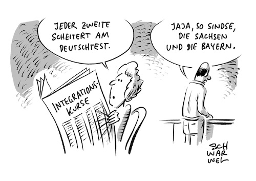 Cartoon: Integrationskurse Sachsen Bayern (medium) by Schwarwel tagged integration,integrationskurse,deutschtest,deutsch,deutsche,sprache,bildung,lehre,lernen,sachsen,bayern,flüchtlinge,geflüchtete,flüchtlingskrise,asyl,asylsuchende,rechtsextrem,rechtsextremismus,hass,hetze,rassenhass,rassismus,rassistisch,rechtschreibung,grammatik,cartoon,karikatur,schwarwel,integration,integrationskurse,deutschtest,deutsch,deutsche,sprache,bildung,lehre,lernen,sachsen,bayern,flüchtlinge,geflüchtete,flüchtlingskrise,asyl,asylsuchende,rechtsextrem,rechtsextremismus,hass,hetze,rassenhass,rassismus,rassistisch,rechtschreibung,grammatik,cartoon,karikatur,schwarwel