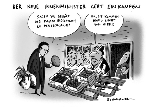 Cartoon: Islam und Innenminister (medium) by Schwarwel tagged politik,regierung,deutschland,minister,innenminister,islam,friedrich,amt,amtsantritt,fettnäppfchen,staat,republik,karikatur,schwarwel,kauf,gemüse,obst,markt,innenminister,deutschland,islam,regierung,amtsantritt,staat,friedrich