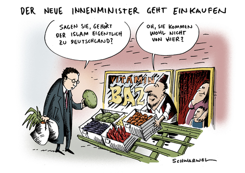 Cartoon: Islam und Innenminister (medium) by Schwarwel tagged islam,innenminister,minister,deutschland,regierung,politik,friedrich,amt,amtsantritt,fettnäppfchen,staat,republik,karikatur,schwarwel,kauf,gemüse,obst,markt,innenminister,deutschland,islam,regierung,amtsantritt,staat,friedrich