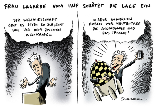 Cartoon: IWF Einschätzung (medium) by Schwarwel tagged iwf,chefin,lagarde,weltwirtschaft,welt,wirtschaft,geld,finanzen,politik,niveau,zweiter,weltkrieg,krieg,iphone,atombombe,karikatur,schwarwel,iwf,chefin,lagarde,weltwirtschaft,welt,wirtschaft,geld,finanzen,politik,niveau,atombombe,krieg,iphone,weltkrieg