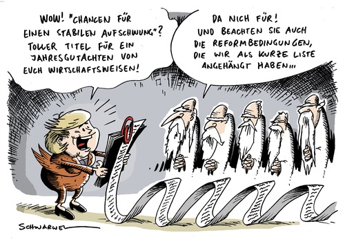 Cartoon: Jahresgutachten Wirtschaftsweise (medium) by Schwarwel tagged jahr,gutachten,wirtschaft,weise,finanzen,krise,reform,deutschland,republik,regierung,angela,merkel,aufschwung,politik,stabil,chance,bedingung,jahr,gutachten,wirtschaft,weise,finanzen,reform,deutschland,republik,regierung,angela merkel,finanzkrise,angela,merkel