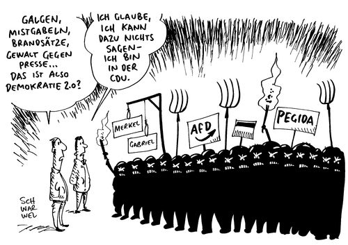 Cartoon: Journalistenverband und Pegida (medium) by Schwarwel tagged mistgabel,aufruf,journalistenverband,pegida,anführerin,tatjana,festerling,gewalt,rechts,rechtsextremismus,terror,nazi,nazis,radikalisierung,presse,journalisten,angriff,volksverhetzung,cdu,legida,asyl,asylsuchende,ausländer,flüchtlinge,geflüchtete,flüchtlingsheime,csu,galgen,krieg,straßenterror,demo,demonstration,übergriff,djv,rechtsextrem,strafanzeige,hass,angst,besorgte,bürger,karikatur,schwarwel,mistgabel,aufruf,journalistenverband,pegida,anführerin,tatjana,festerling,gewalt,rechts,rechtsextremismus,terror,nazi,nazis,radikalisierung,presse,journalisten,angriff,volksverhetzung,cdu,legida,asyl,asylsuchende,ausländer,flüchtlinge,geflüchtete,flüchtlingsheime,csu,galgen,krieg,straßenterror,demo,demonstration,übergriff,djv,rechtsextrem,strafanzeige,hass,angst,besorgte,bürger,karikatur,schwarwel