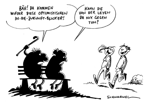 Cartoon: Jugend Zukunftsaussicht positiv (medium) by Schwarwel tagged jugend,zukunft,positiv,mann,frau,kind,jugendliche,oma,opa,bank,van,der,leyen,optimismus,schwarwel,karikatur,jugend,zukunft,positiv,kind,jugendliche,oma,bank,opa,van der leyen,optimismus,finanzkrise,wirtschaftskrise,krisenkinder,generationen,van,der,leyen