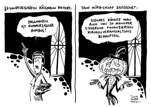 Cartoon: Käßmann Halloween Kirche (medium) by Schwarwel tagged käßmann,halloween,kirche,kommerz,humbug,gefährdung,reformationstag,karikatur,schwarwel,jack,kürbiskopf,kürbis,feiertag,bischof,käßmann,halloween,kirche,kommerz,humbug,gefährdung,reformationstag,karikatur,schwarwel,jack,kürbiskopf,kürbis,feiertag,bischof
