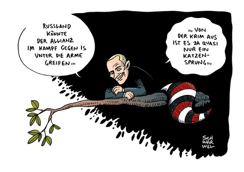 Cartoon: Kampf gegen IS Russland (medium) by Schwarwel tagged russland,is,gegen,kampf,schwarwel,karikatur,weltmächte,gewalt,terror,urkaine,krim,putin,unterstützung,kampf,gegen,is,russland,unterstützung,putin,krim,urkaine,terror,gewalt,weltmächte,karikatur,schwarwel