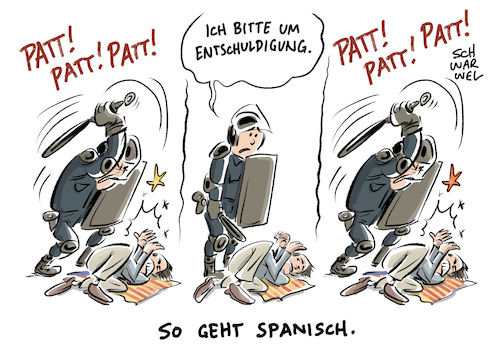 Cartoon: Katalonien Polizeigewalt (medium) by Schwarwel tagged katalonien,katalanisch,parlament,puigdemont,spanien,regierung,madrid,unabhängigkeit,freiheit,politik,politiker,karikatur,schwarwel,macht,entmachtung,katalonien,katalanisch,parlament,puigdemont,spanien,regierung,madrid,unabhängigkeit,freiheit,politik,politiker,karikatur,schwarwel,macht,entmachtung