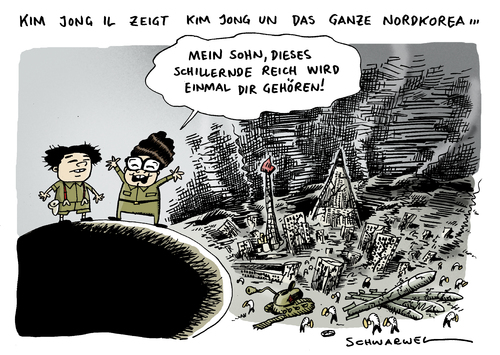 Cartoon: Kim Jong Il inthronisiert Sohn (medium) by Schwarwel tagged kim,john,thron,sohn,staat,nordkorea,korea,besitz,land,regierung,macht,reich,zerstörung,krise,krieg,eigentum,karikatur,schwarwel,kim jong il,staat,nordkorea,korea,besitz,land,regierung,macht,reich,krise,zerstörung,krieg,eigentum,kim,jong,il