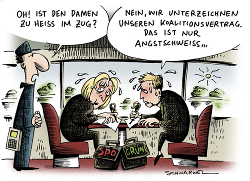 Cartoon: Koalitionsvertrag im ICE (medium) by Schwarwel tagged nrw,minderheitsregierung,angela,merkel,ice,regierung,deutschland,krise,koalition,karikatur,schwarwel