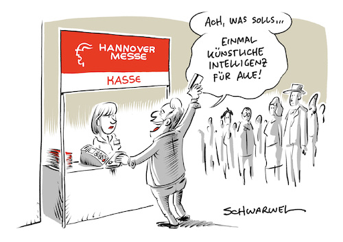 Cartoon: Künstliche Intelligenz Hannover (medium) by Schwarwel tagged künstliche,intelligenz,roboter,hannover,messe,bundeskanzlerin,kanzlerin,merkel,ki,weltmacht,china,wirtschaft,finanzen,industrie,industrieschau,industrietechnik,technik,handel,freihandel,emobilität,elektroautos,elektromobilität,forschung,wissenschaft,technologie,technologien,informatik,computer,automatisierung,digitale,revolution,bewusstsein,menschliches,denken,cartoon,karikatur,schwarwel,künstliche,intelligenz,roboter,hannover,messe,bundeskanzlerin,kanzlerin,merkel,ki,weltmacht,china,wirtschaft,finanzen,industrie,industrieschau,industrietechnik,technik,handel,freihandel,emobilität,elektroautos,elektromobilität,forschung,wissenschaft,technologie,technologien,informatik,computer,automatisierung,digitale,revolution,bewusstsein,menschliches,denken,cartoon,karikatur,schwarwel